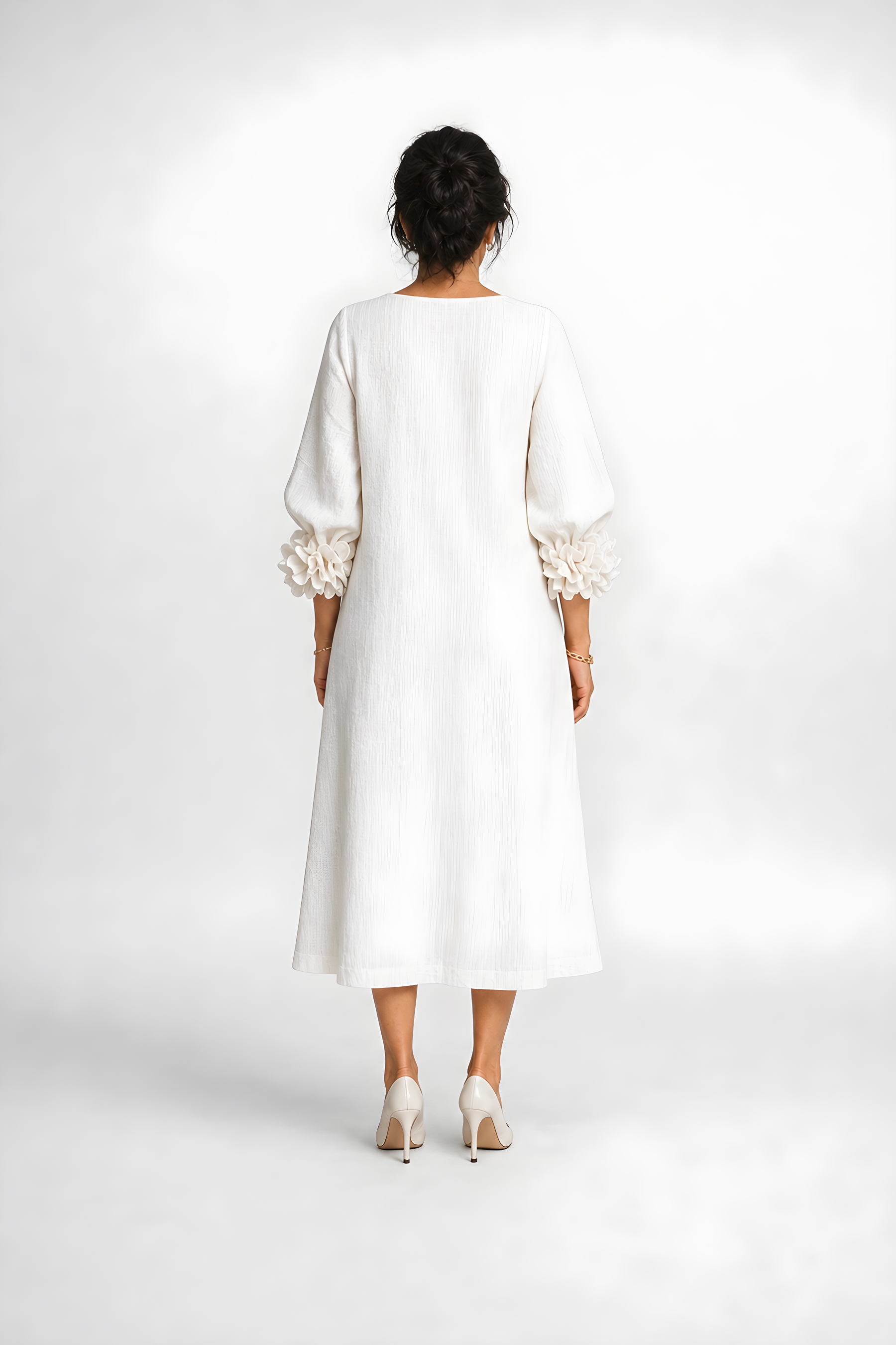 Candela | Floral Button Midi Dress – White (back)
