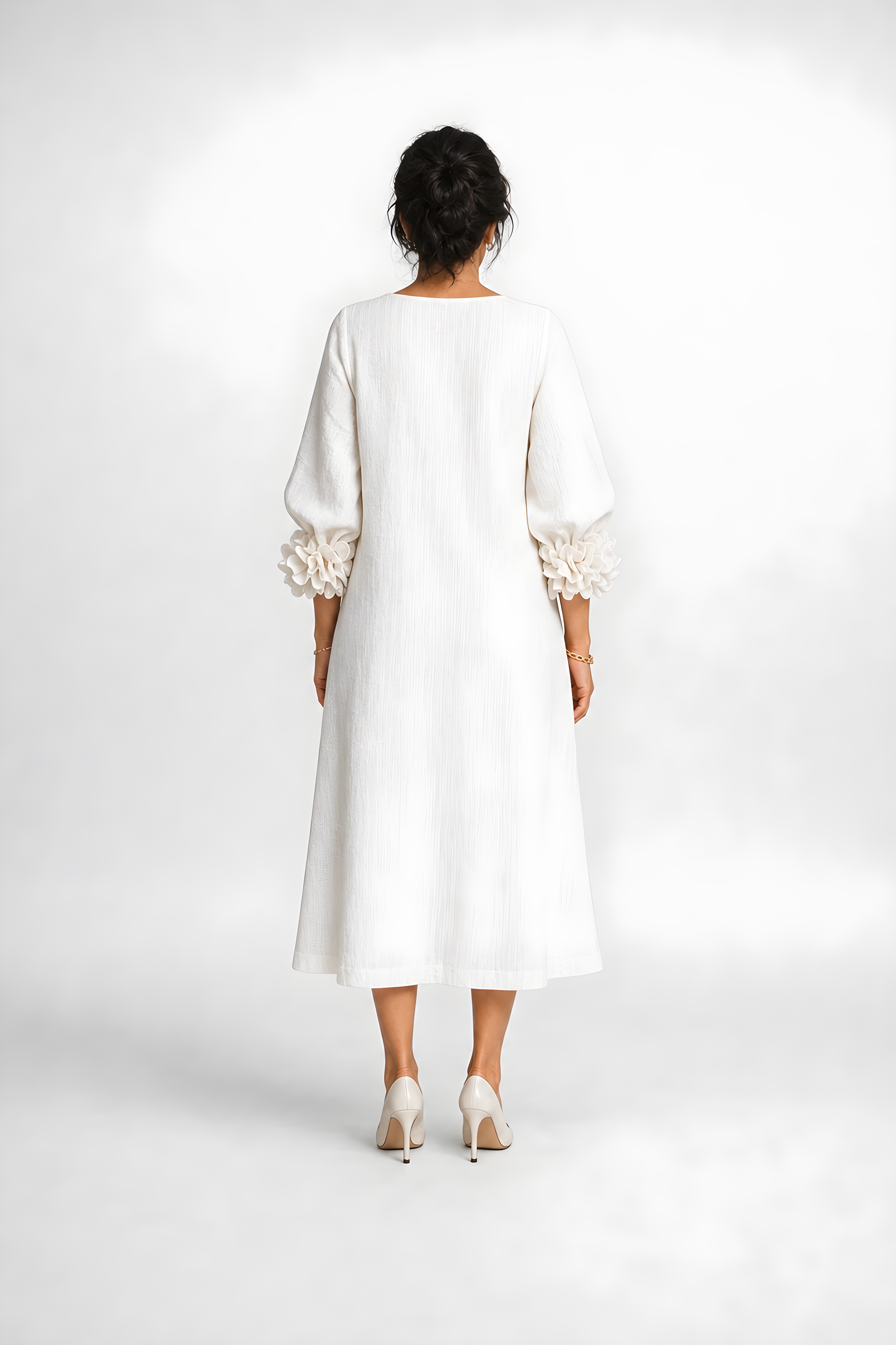 Candela | Floral Button Midi Dress – White (back)
