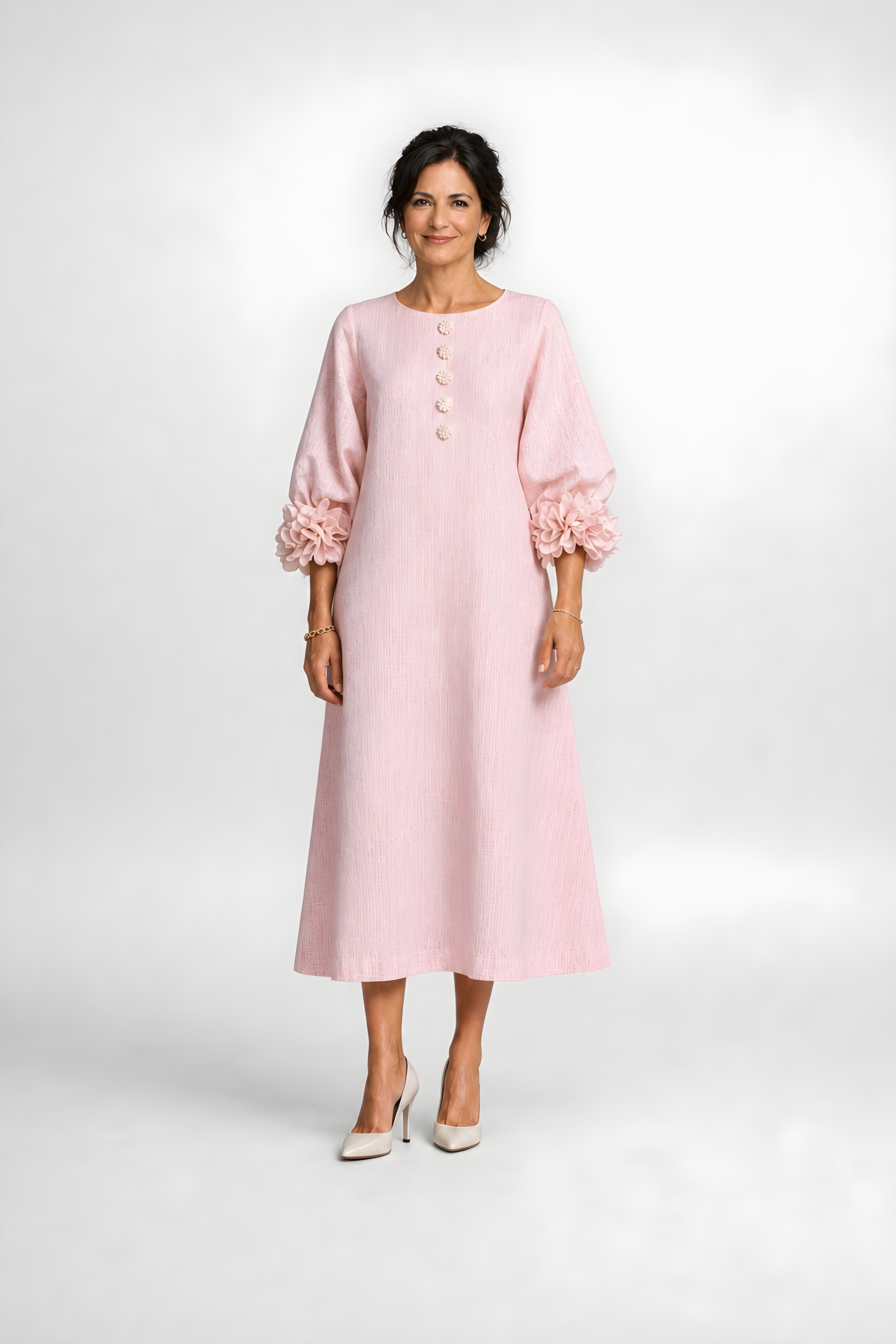 Candela | Floral Button Midi Dress – Pink