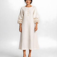 Candela | Floral Button Midi Dress – Beige