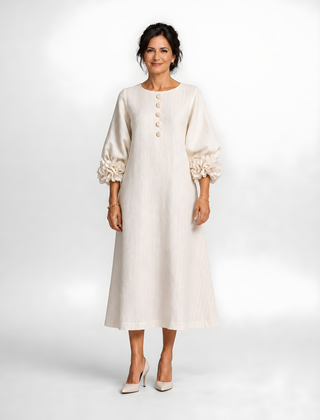 Candela | Floral Button Midi Dress – Beige