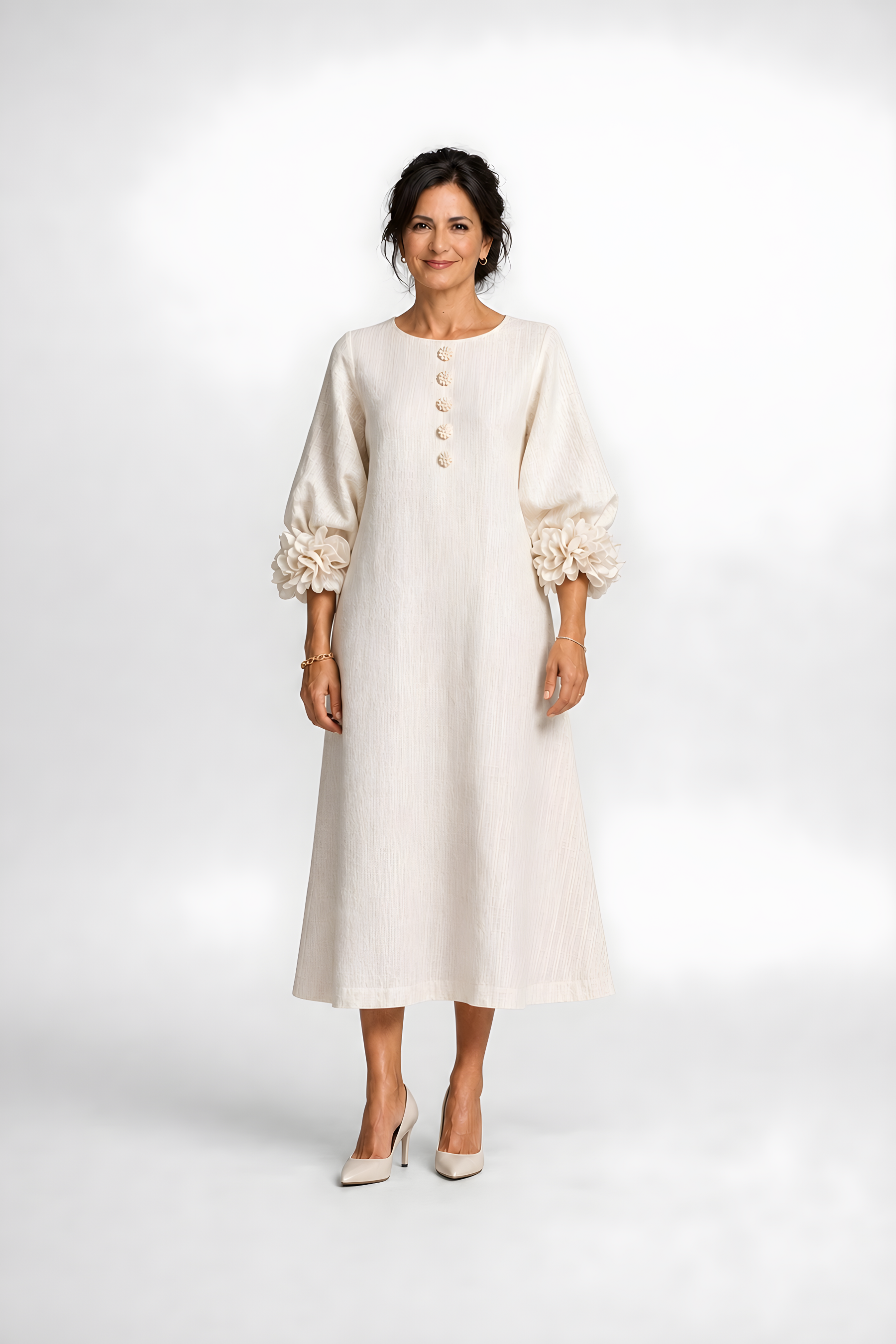 Candela | Floral Button Midi Dress – Beige