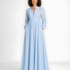 Elowira | Flowing Button-Down Maxi Dress – Light Blue (front)