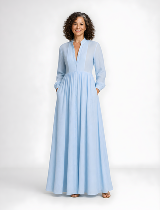 Elowira | Flowing Button-Down Maxi Dress – Light Blue (front)