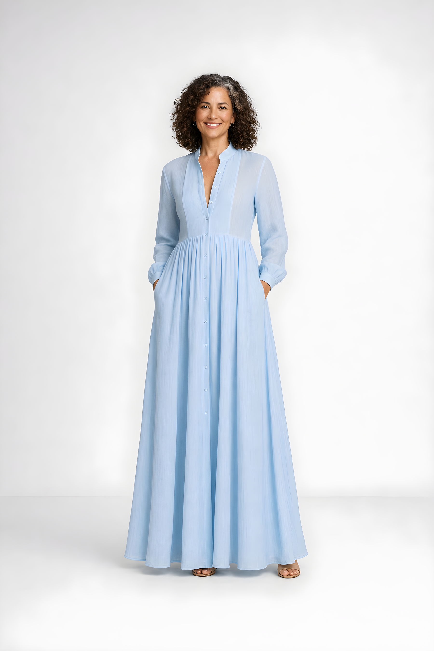 Elowira | Flowing Button-Down Maxi Dress – Light Blue (front)
