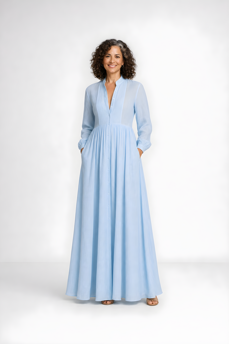 Elowira | Flowing Button-Down Maxi Dress – Light Blue (front)