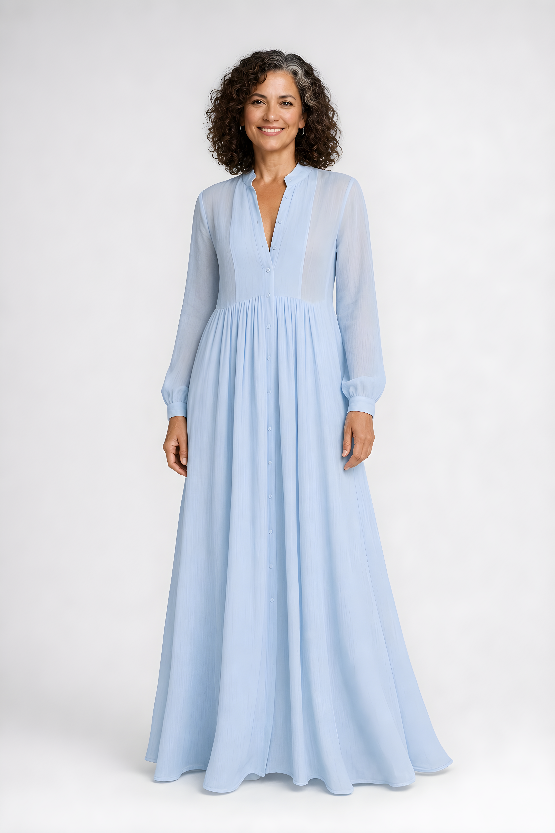 Elowira | Flowing Button-Down Maxi Dress – Light Blue (detail)