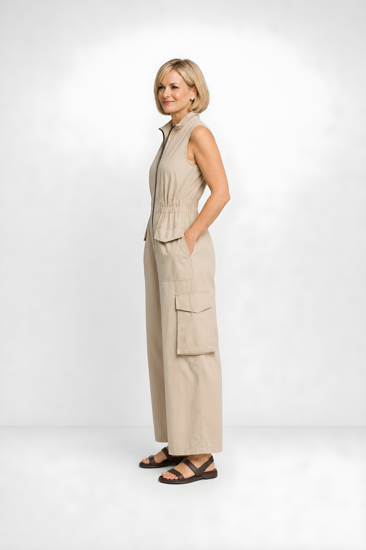 Ursula | Utility Zip Jumpsuit – Beige (side)