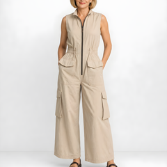 Ursula | Utility Zip Jumpsuit – Beige (front)