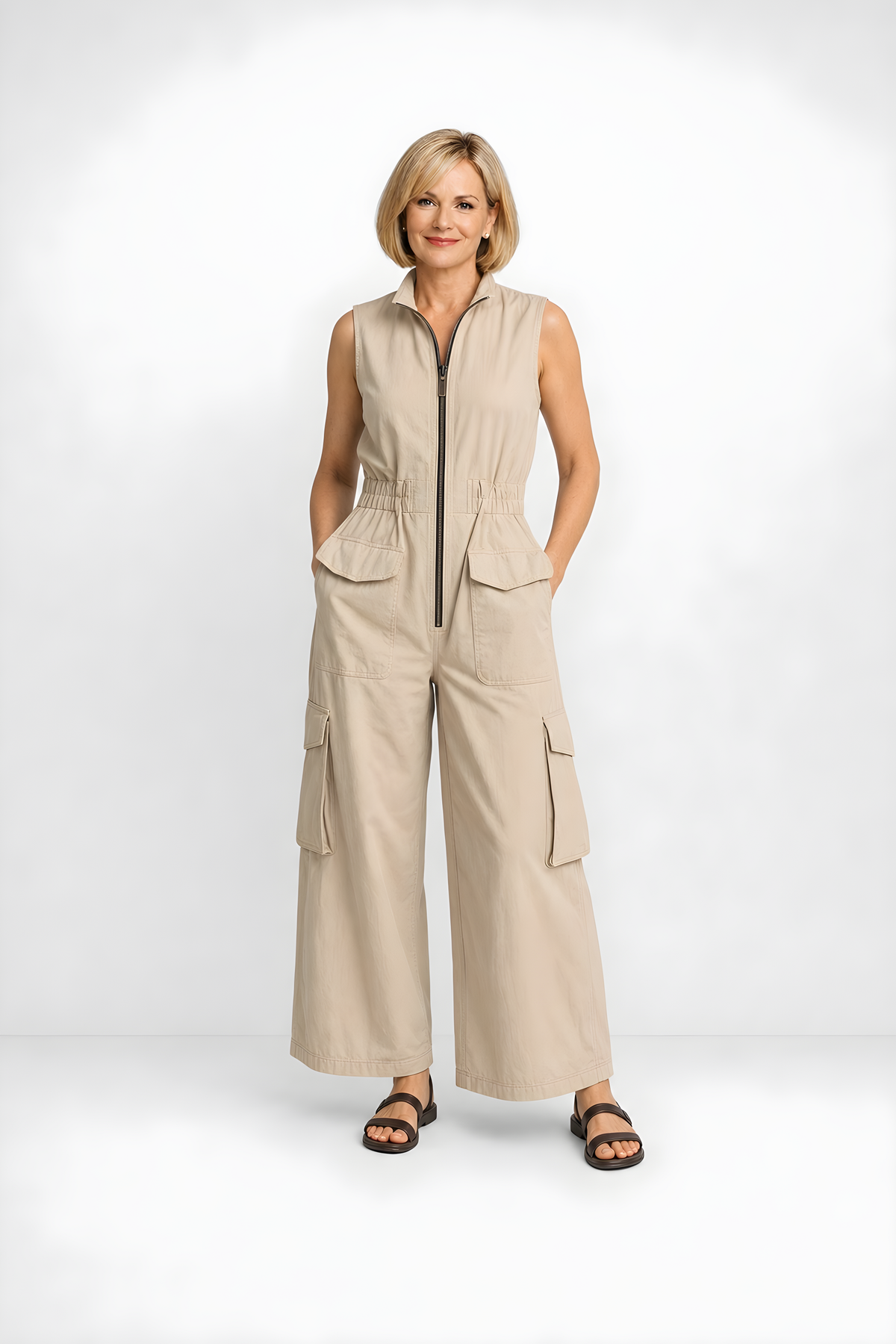 Ursula | Utility Zip Jumpsuit – Beige (front)