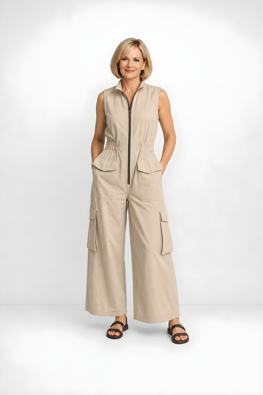 Ursula | Utility Zip Jumpsuit – Beige (front)