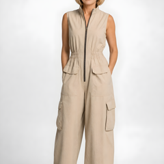 Ursula | Utility Zip Jumpsuit – Beige (detail)
