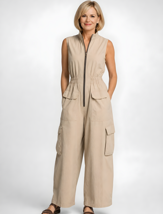 Ursula | Utility Zip Jumpsuit – Beige (detail)