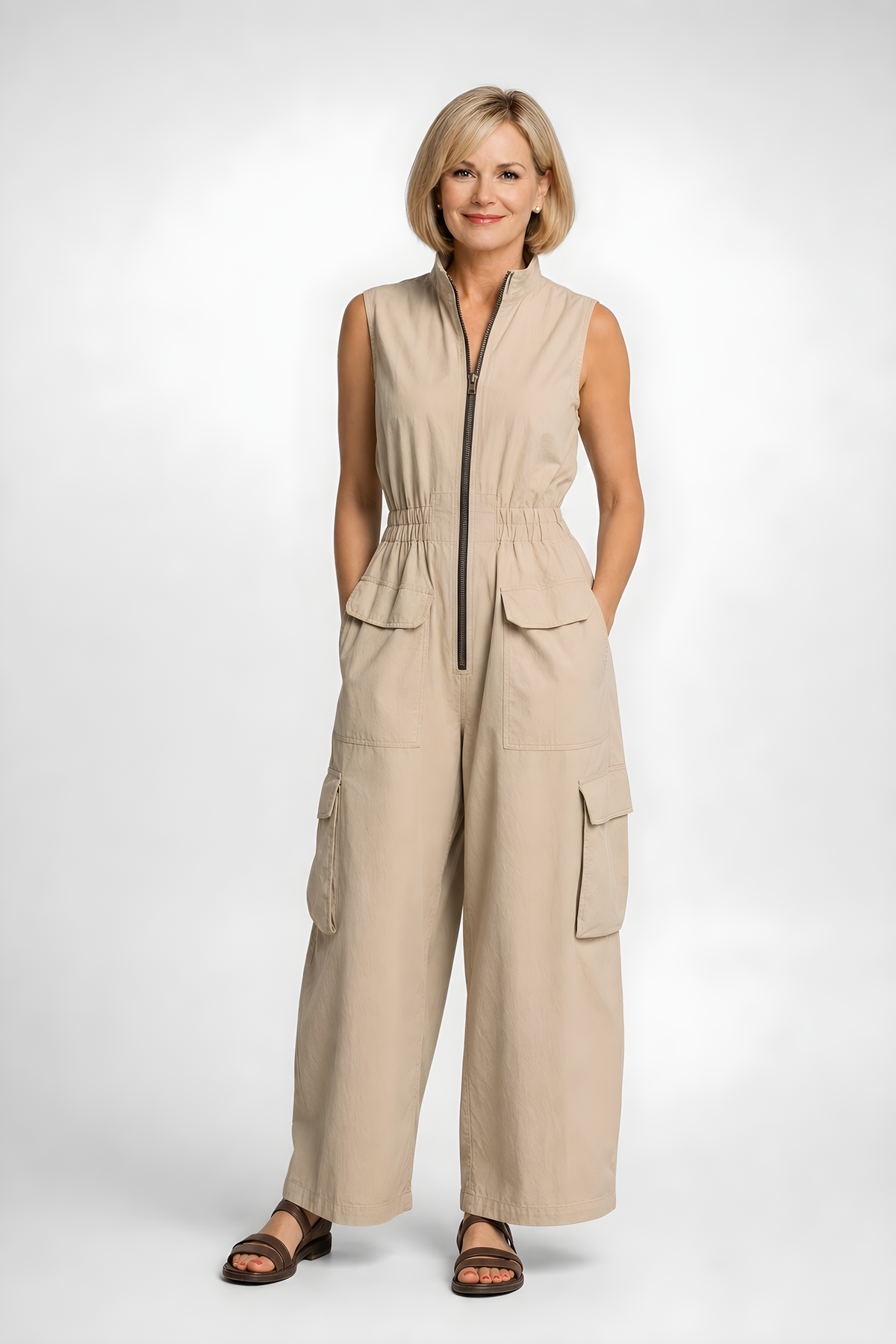 Ursula | Utility Zip Jumpsuit – Beige (detail)
