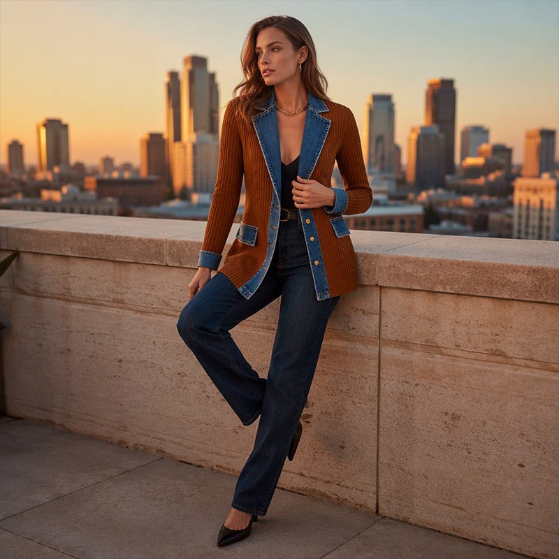 Imogen | Denim Coat with Ribbed Inserts