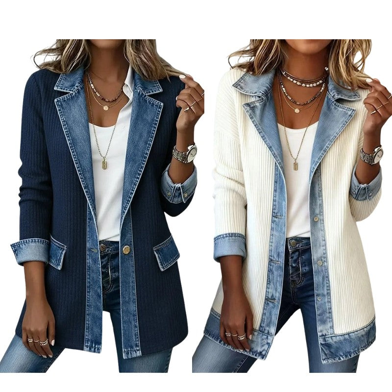 Imogen | Denim Coat with Ribbed Inserts