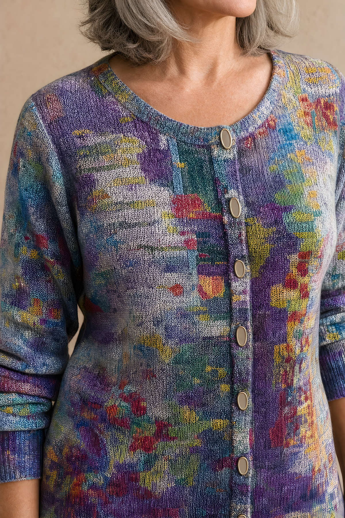 Patchouli | Artistic Button Cardigan – Purple (detail)