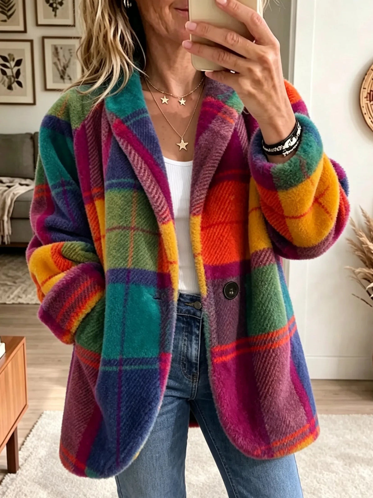 Rhea | Rainbow Check Longline Coat