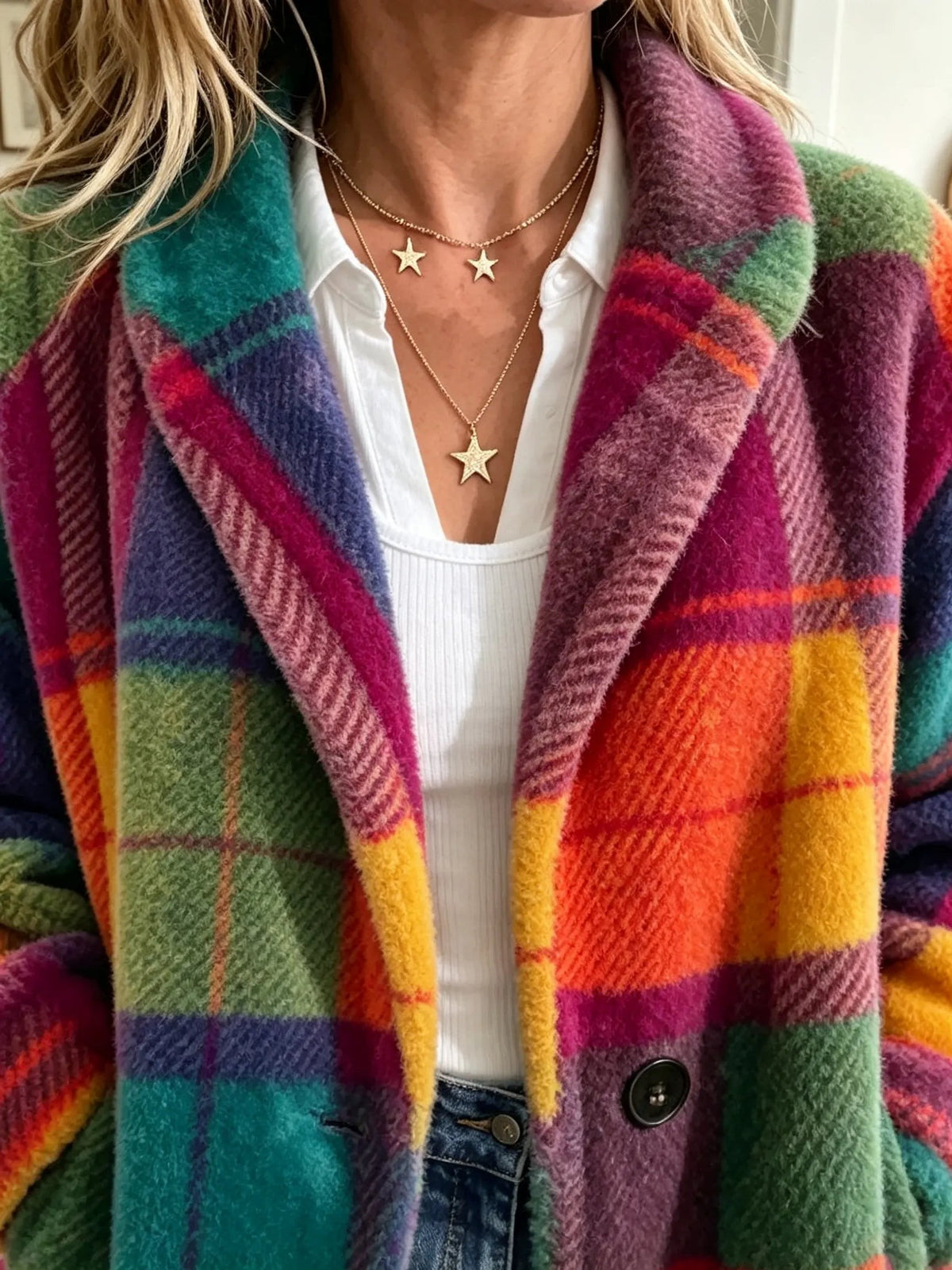 Rhea | Rainbow Check Longline Coat