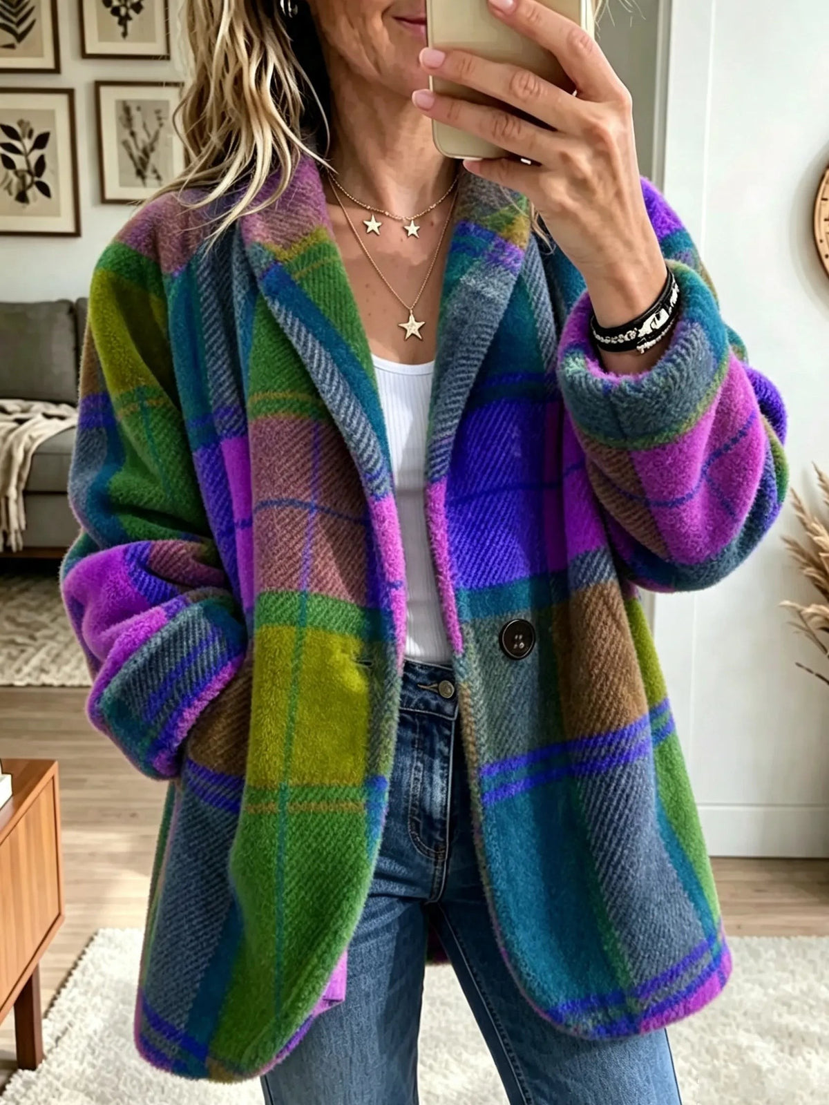 Rhea | Rainbow Check Longline Coat