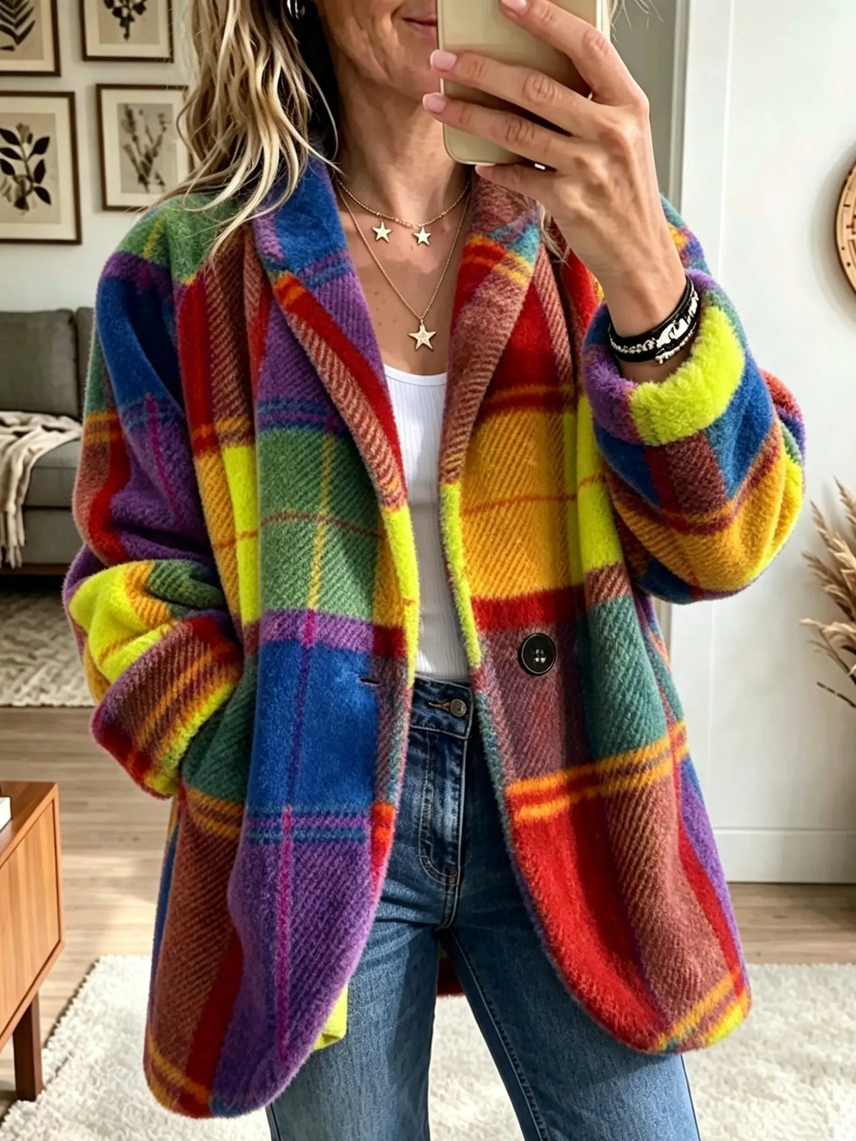 Rhea | Rainbow Check Longline Coat