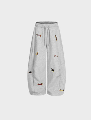 Barrel-Leg Embroidered Pup Sweatpants – Relaxed Fit