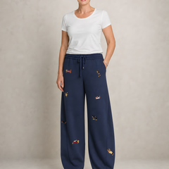 Barrel-Leg Embroidered Pup Sweatpants – Relaxed Fit – Navy Blue