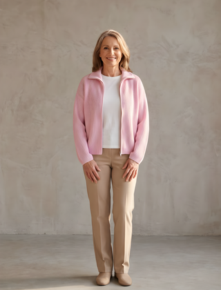 Felicity | Striped Zip Cardigan – Pink Stripes (front)
