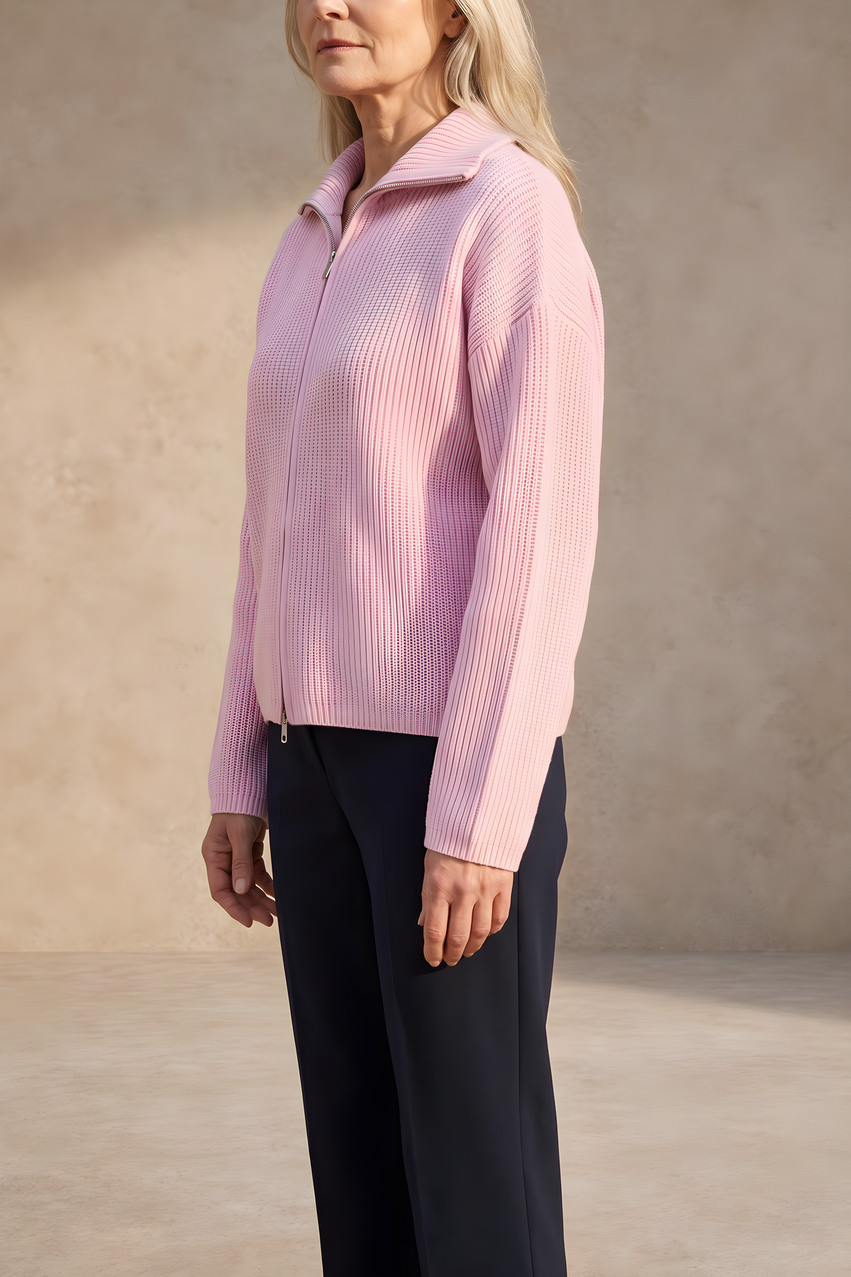 Felicity | Striped Zip Cardigan – Pink Stripes (side)