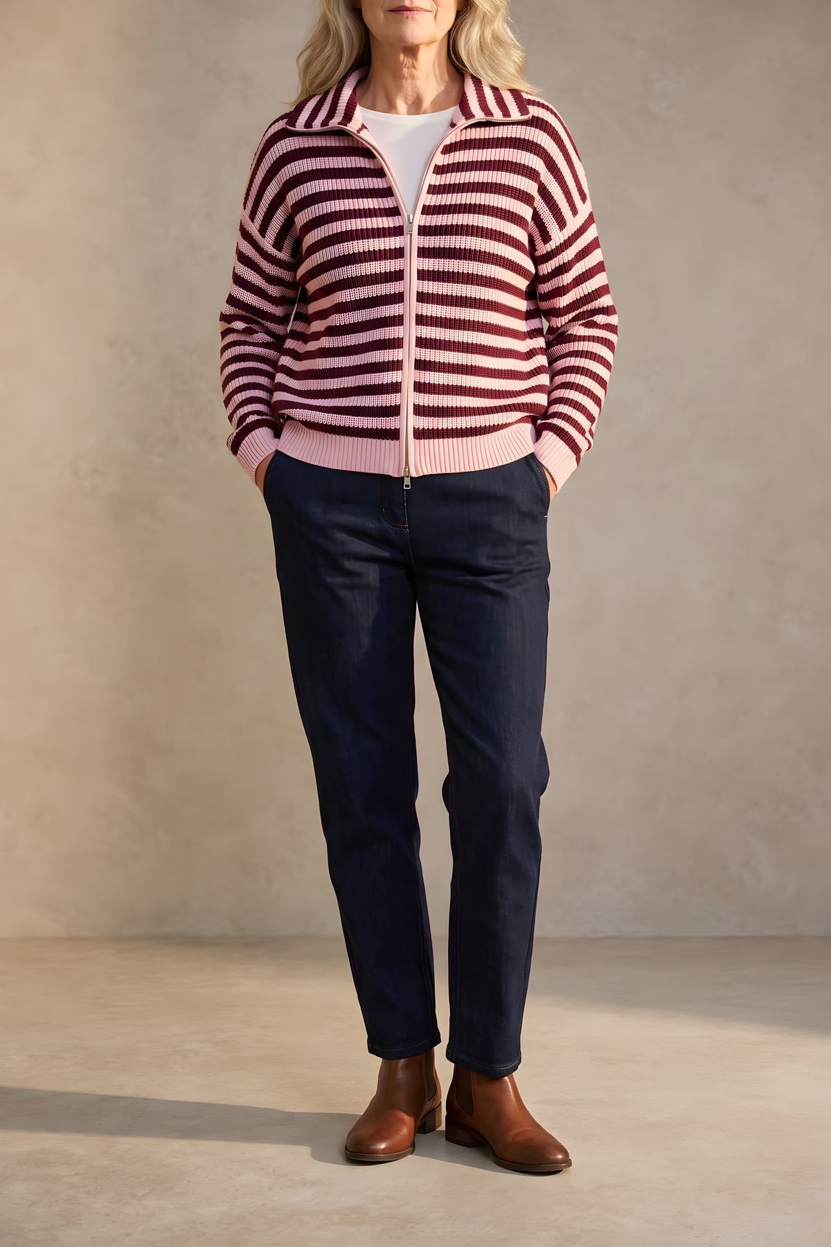 Felicity | Striped Zip Cardigan – Claret