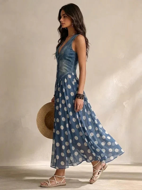 Solenee | Denim and Polka-Dot Chiffon Dress