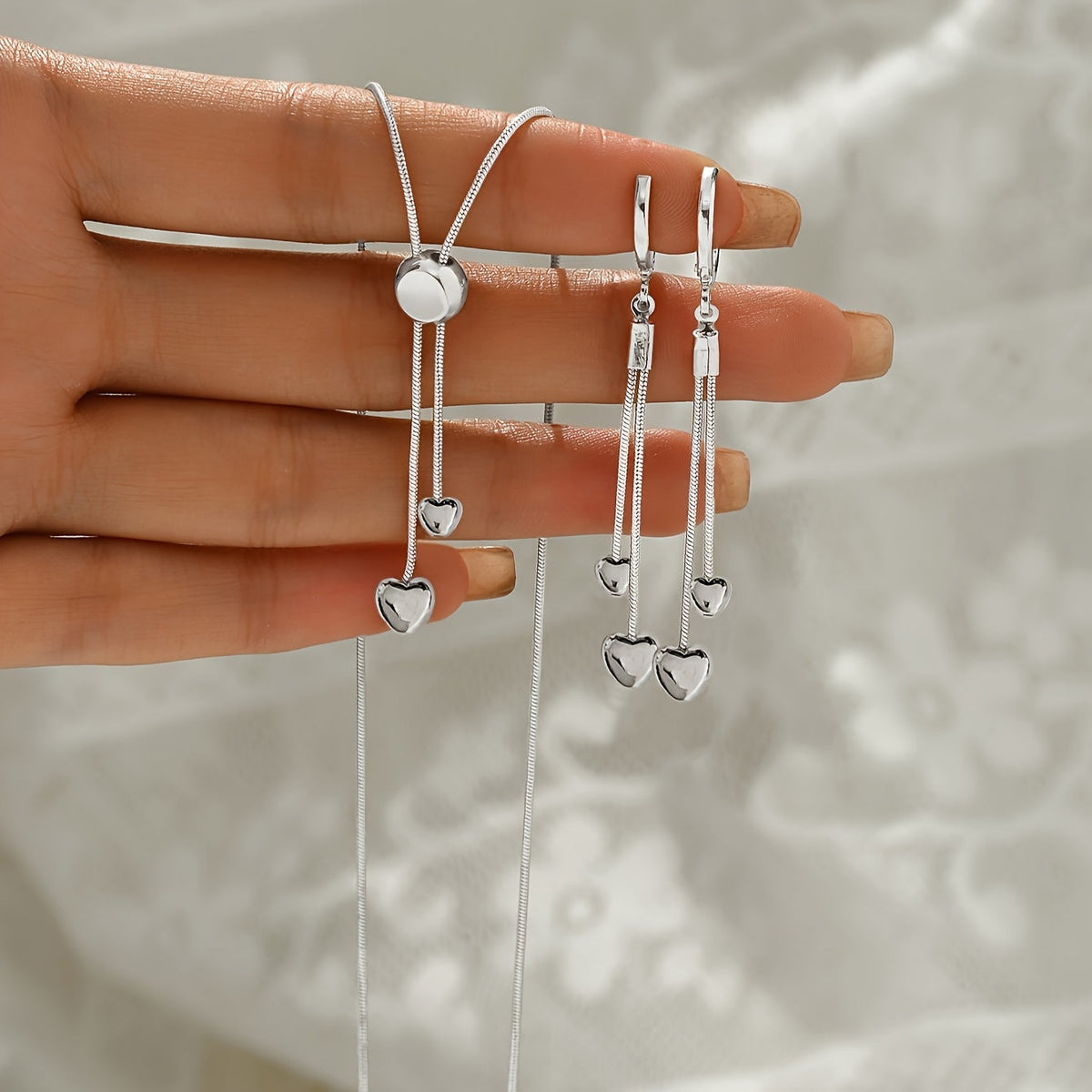 ADJUSTABLE HEART PENDANT NECKLACE & EARRINGS SET