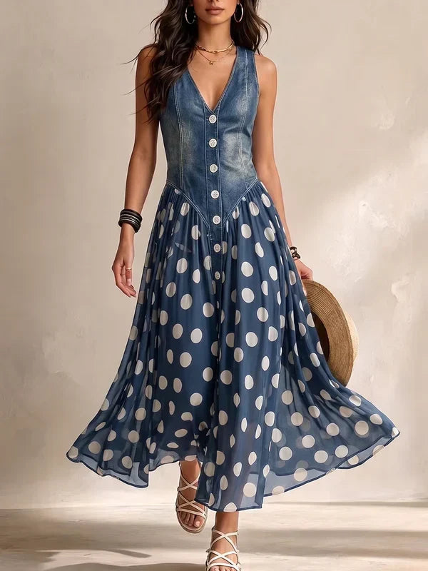 Solenee | Denim and Polka-Dot Chiffon Dress