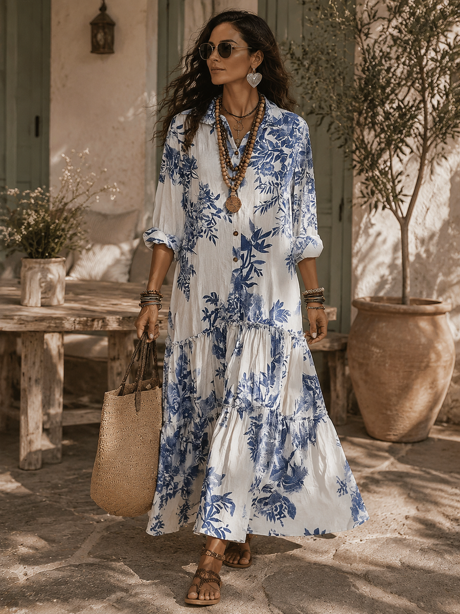 Fern - Bohemian Blue Floral Button-down Maxi Dress