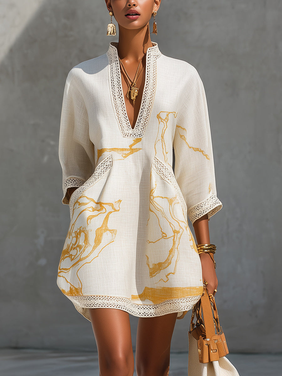 Aliénor | Ivory Crochet-Lace Mini Dress with Gold Detailing and V-Neckline