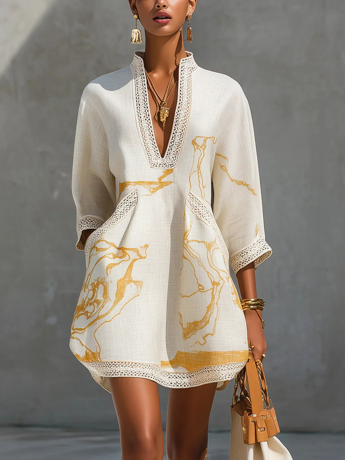 Donatella | Black Mini Dress with Gold Marble-Effect Print and Crochet Lace