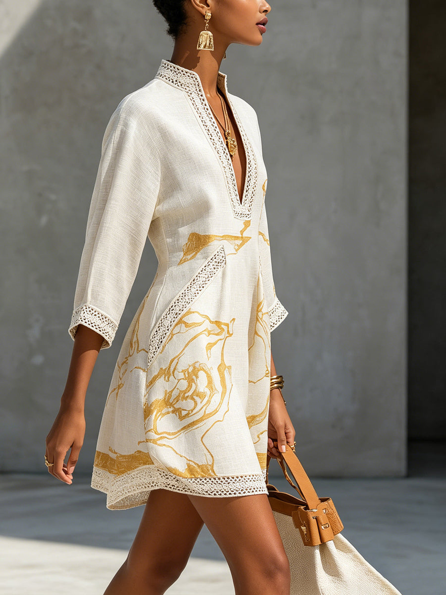 Aliénor | Ivory Crochet-Lace Mini Dress with Gold Detailing and V-Neckline
