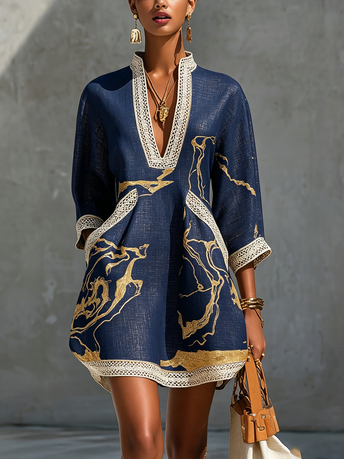 Donatella | Black Mini Dress with Gold Marble-Effect Print and Crochet Lace