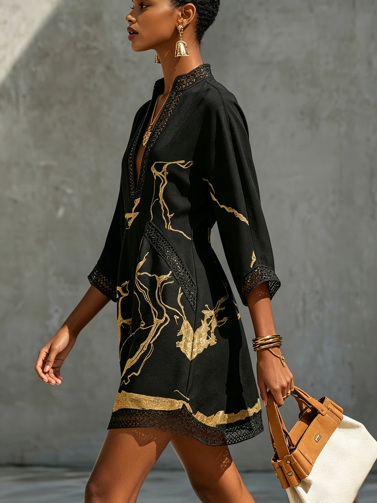Donatella | Black Mini Dress with Gold Marble-Effect Print and Crochet Lace