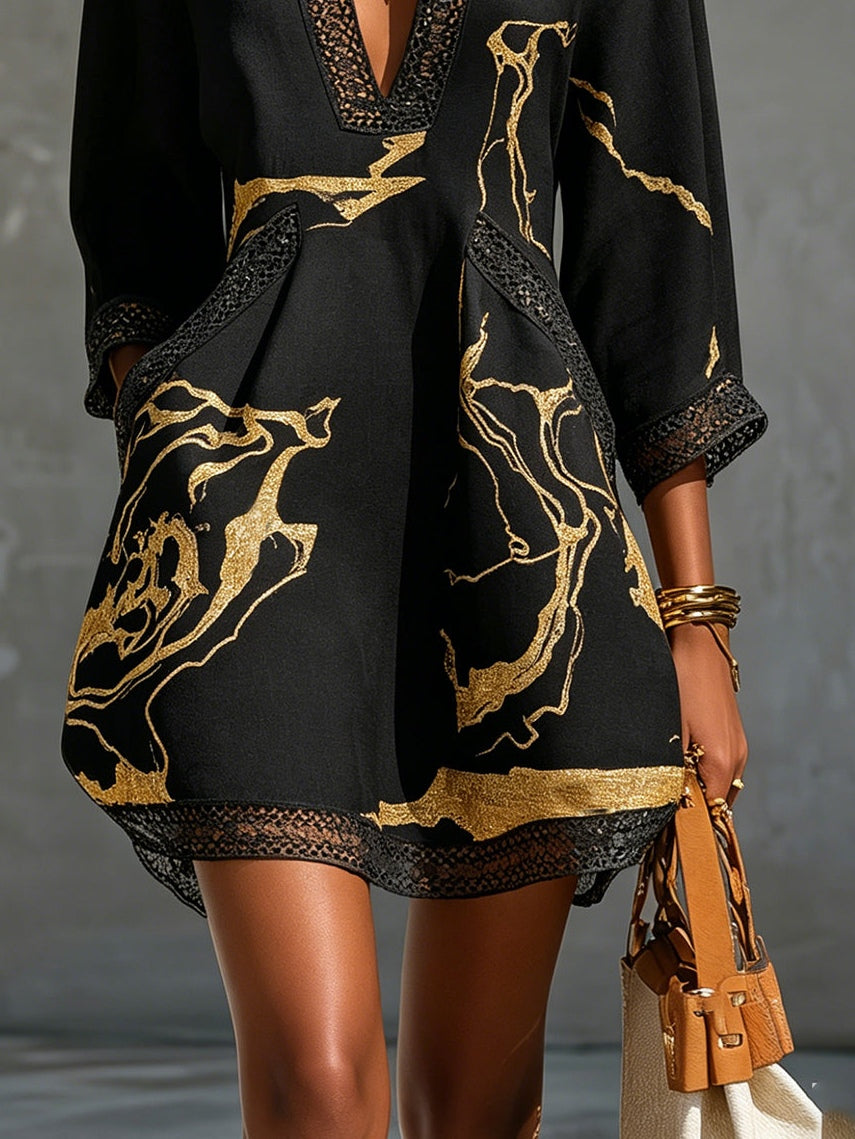 Donatella | Black Mini Dress with Gold Marble-Effect Print and Crochet Lace