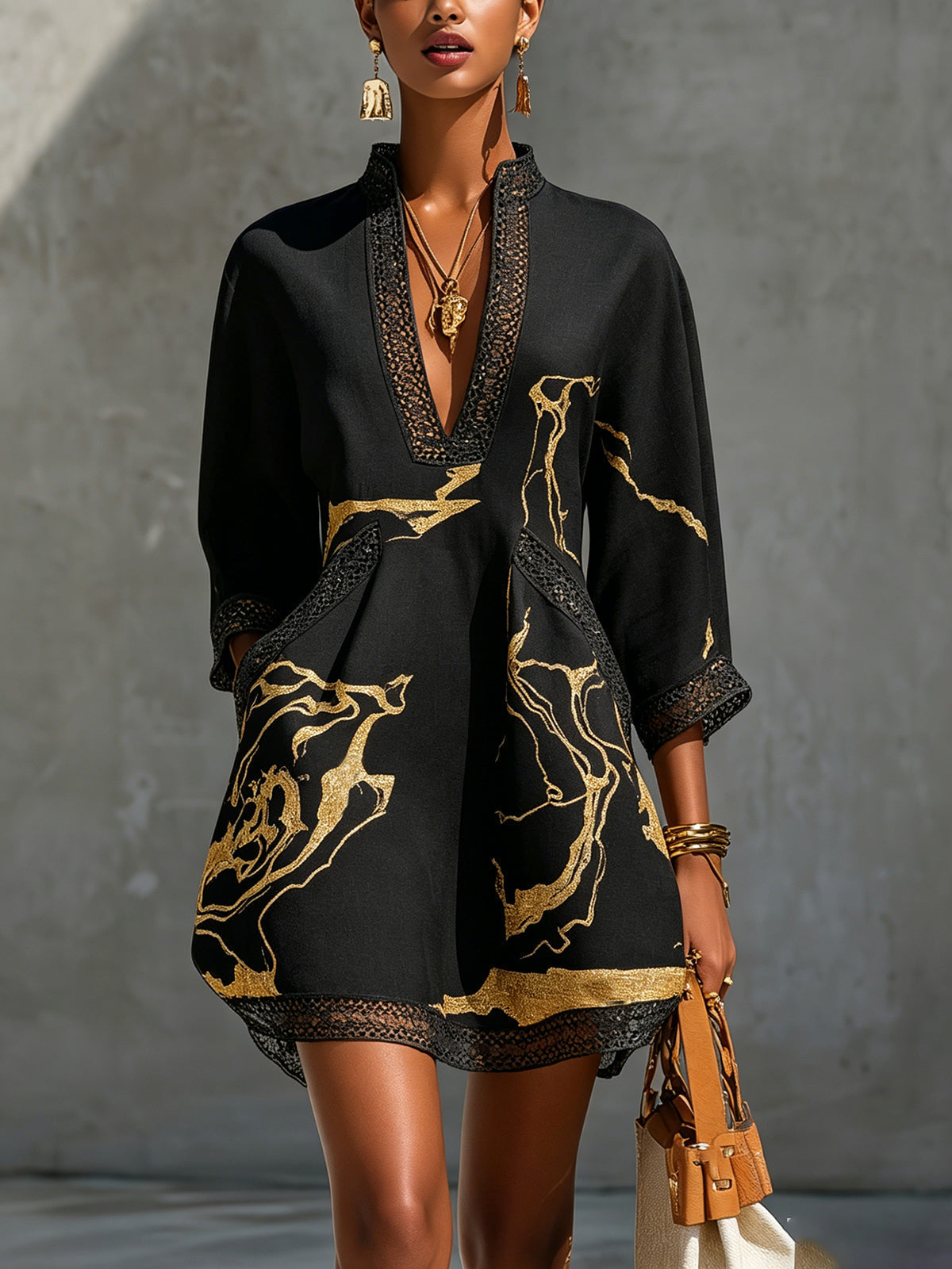 Donatella | Black Mini Dress with Gold Marble-Effect Print and Crochet Lace