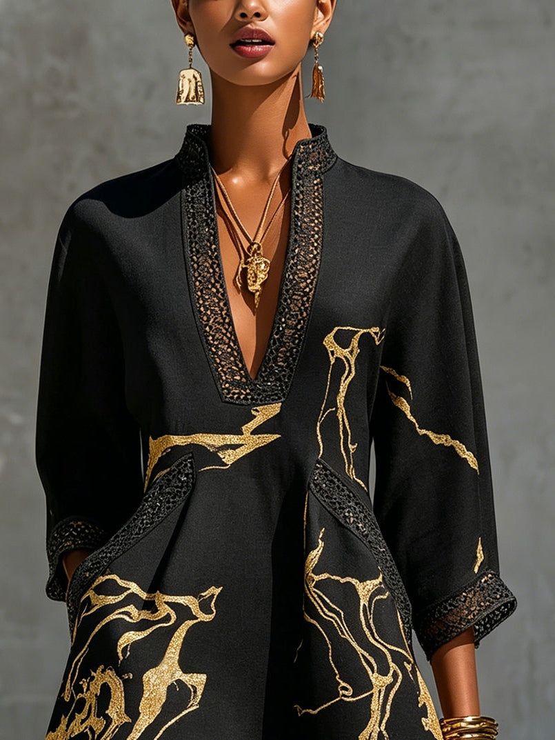 Donatella | Black Mini Dress with Gold Marble-Effect Print and Crochet Lace