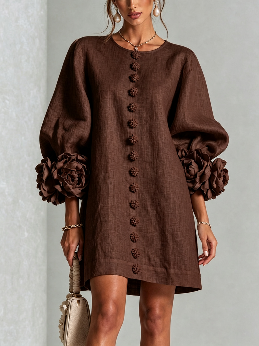 Bruna | Linen-Blend Mini Dress with Rose-Tie Cuffs