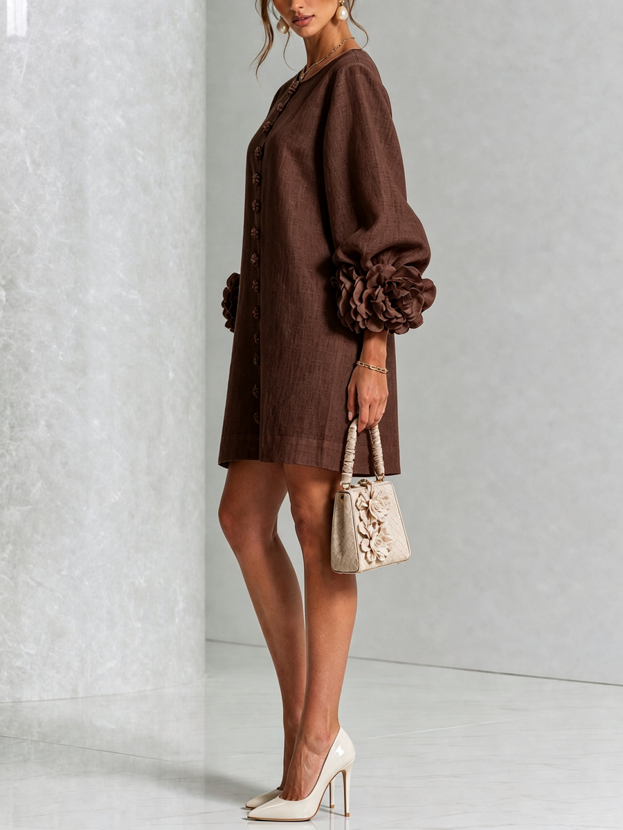Bruna | Linen-Blend Mini Dress with Rose-Tie Cuffs