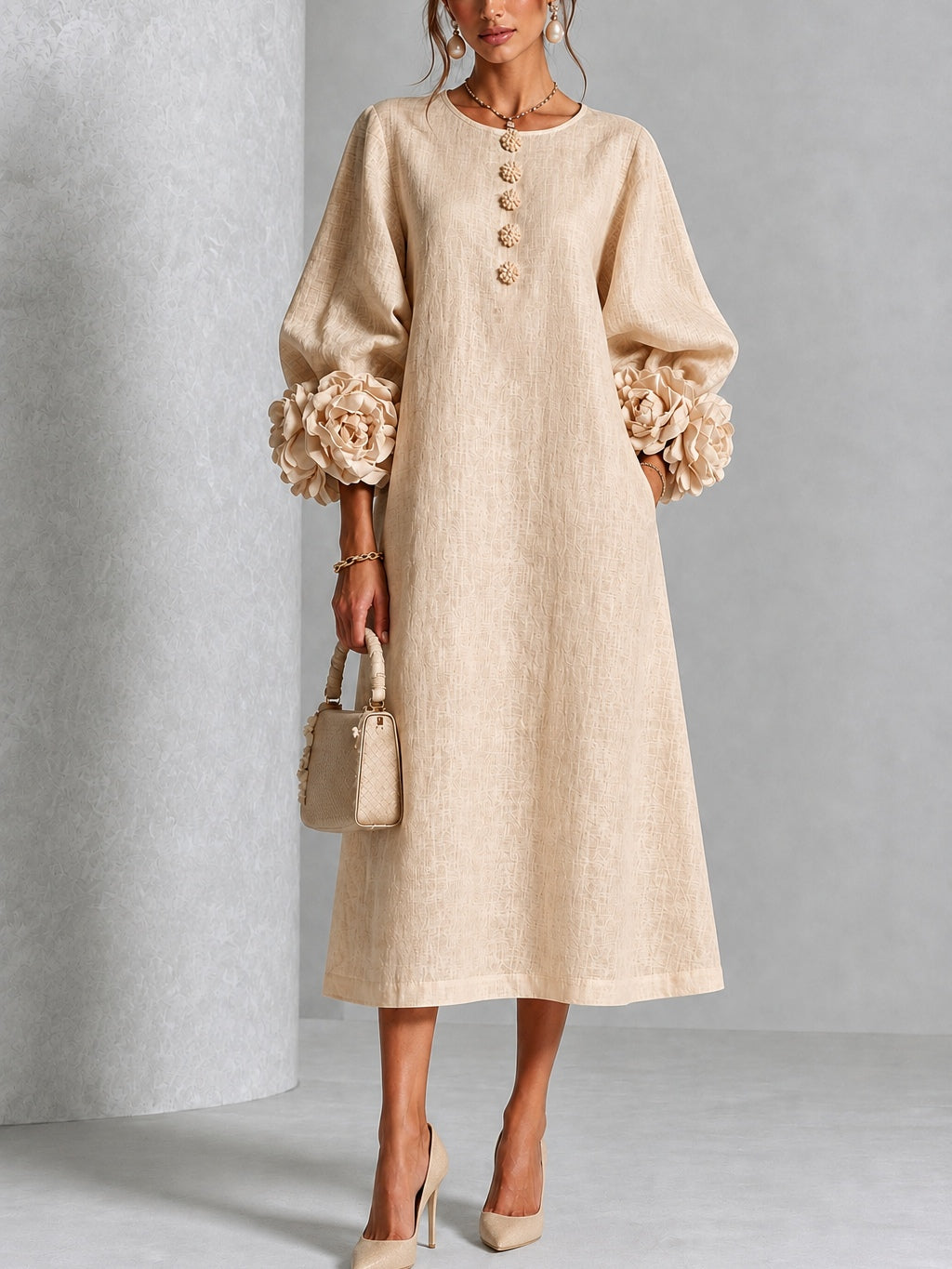 Candela | Floral-Button Linen-Blend Midi Dress