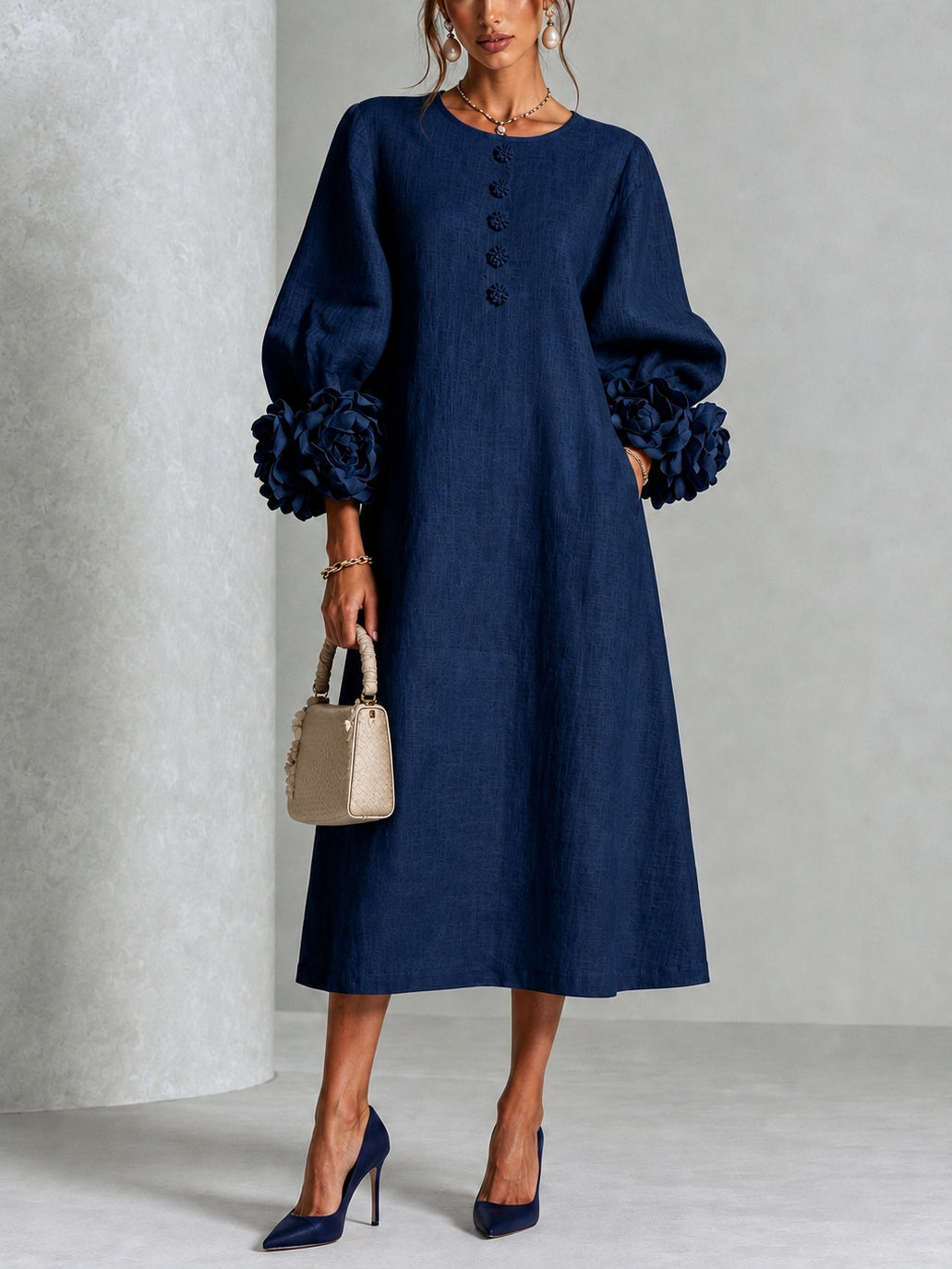 Candela | Floral-Button Linen-Blend Midi Dress