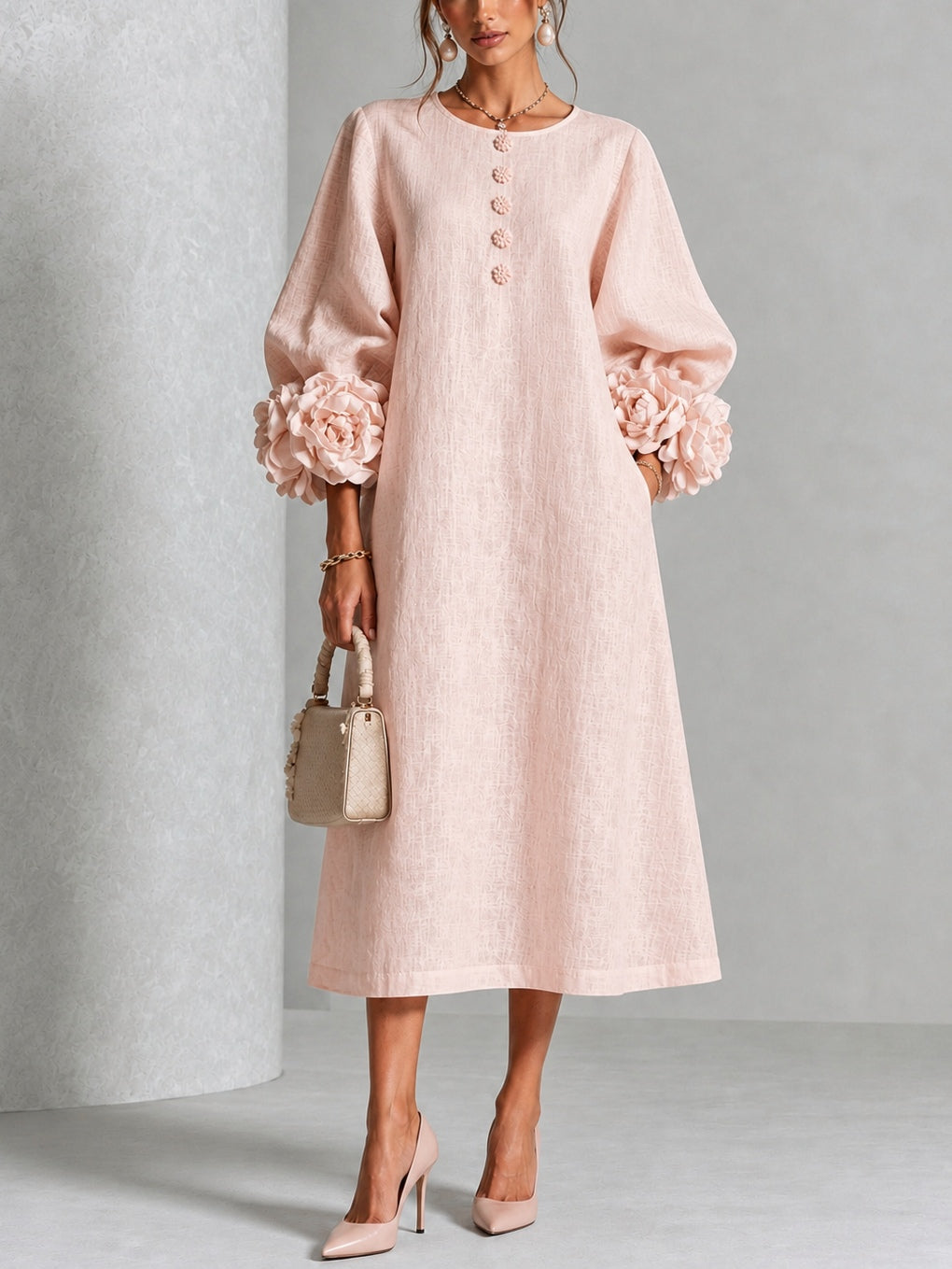 Candela | Floral-Button Linen-Blend Midi Dress