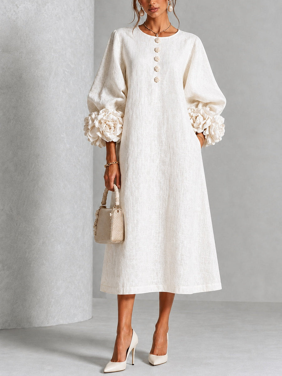 Candela | Floral-Button Linen-Blend Midi Dress