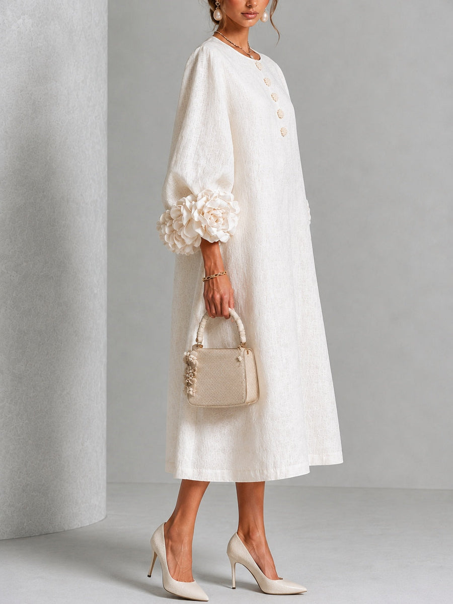 Candela | Floral-Button Linen-Blend Midi Dress