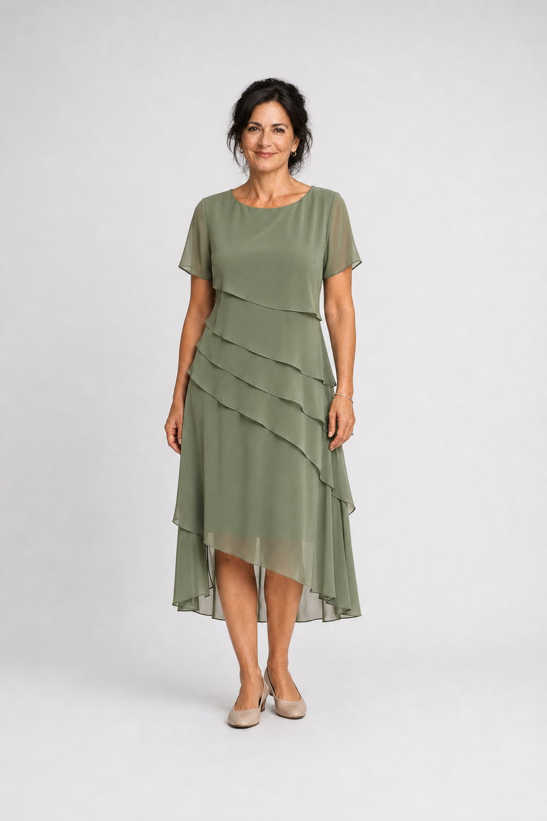 Carol | Tiered Chiffon Midi Dress – Green